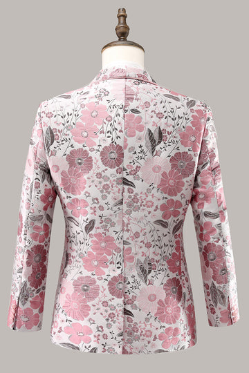 Pink Shawl Lapel Floral Jacquard One Button Men's Formal Blazer